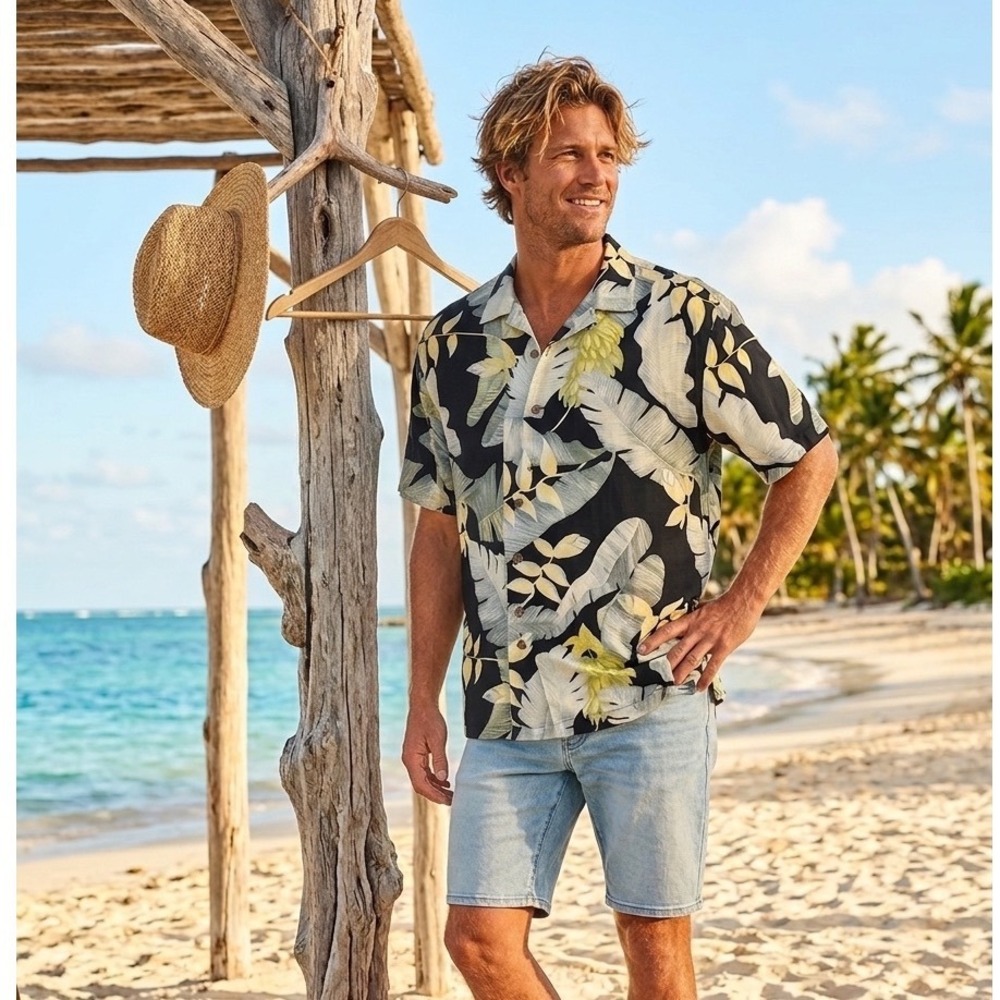 🔥Tommy Bahama 🤑Mens 100% Silk Tropical Palm Leaf Button Up‎ Camp Shirt  Medium